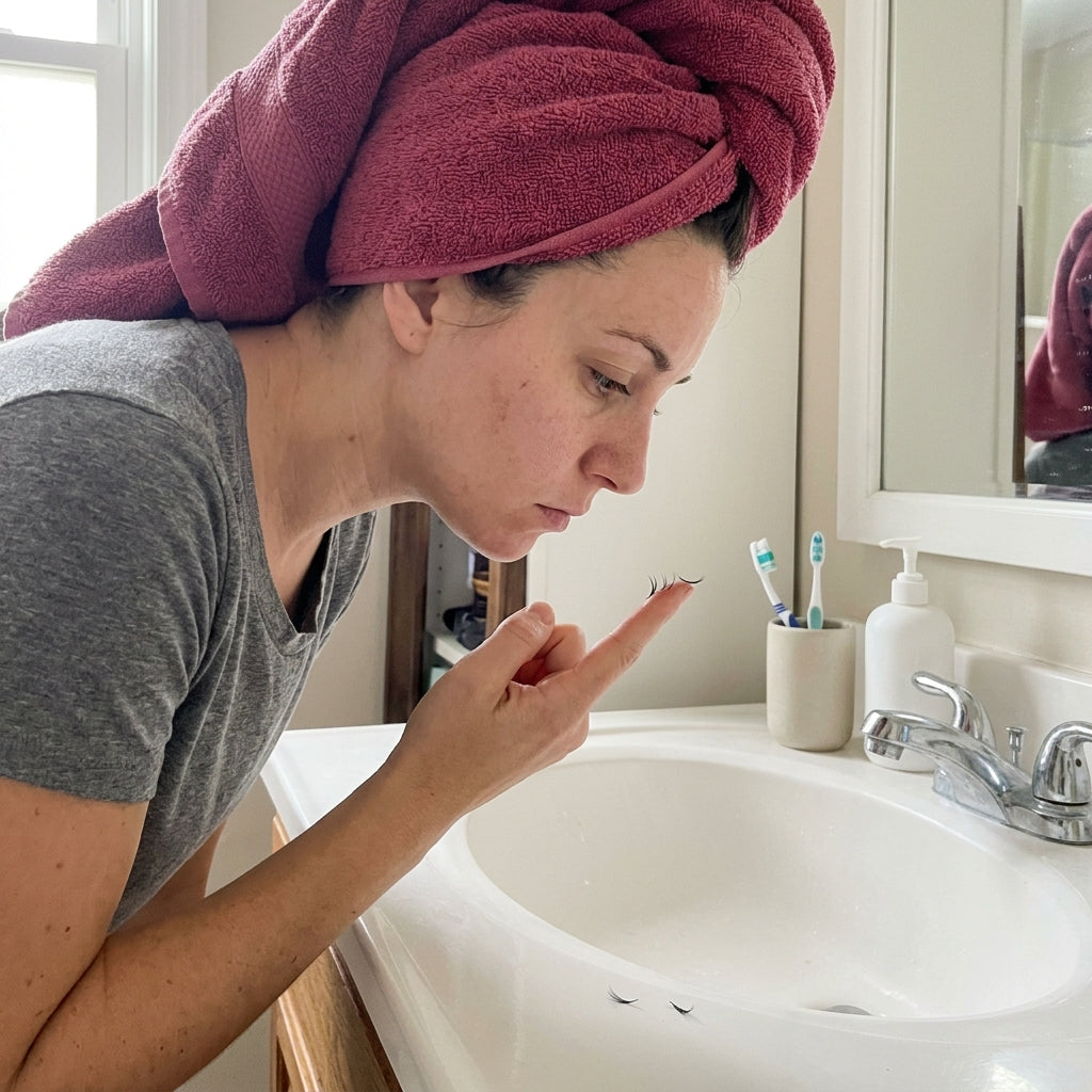 Fallen lash extensions on a fingertip after a shower