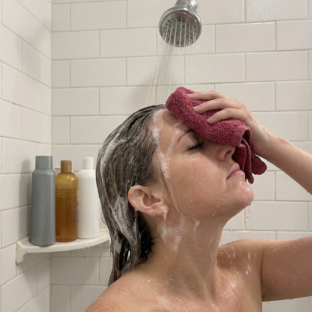 Woman holding a towel over her eyes while rinsing shampoo